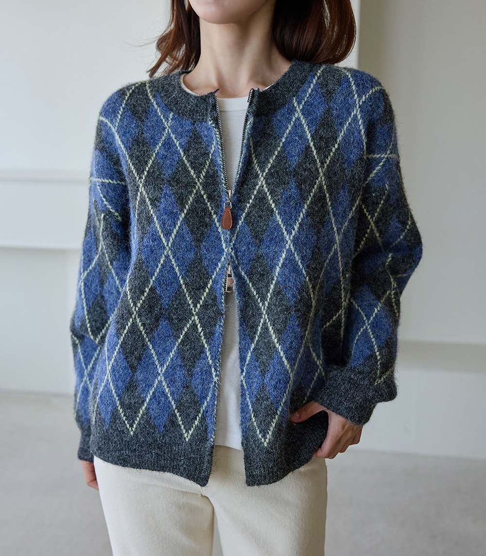 菱格紋雙拉鍊針織外套,KOREA,348370,菱格紋雙拉鍊針織外套,領500,999免運