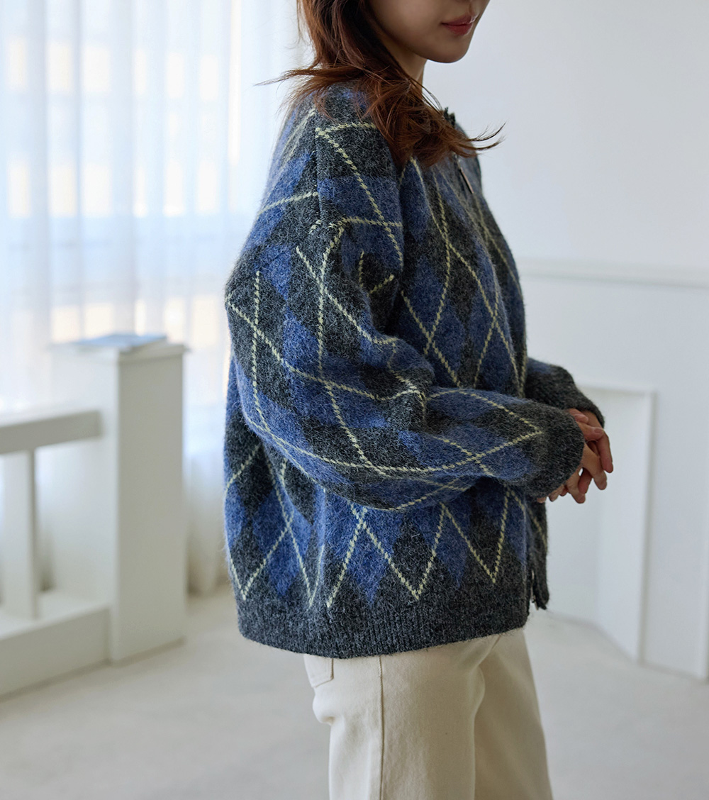 菱格紋雙拉鍊針織外套,KOREA,348370,菱格紋雙拉鍊針織外套,領500,999免運