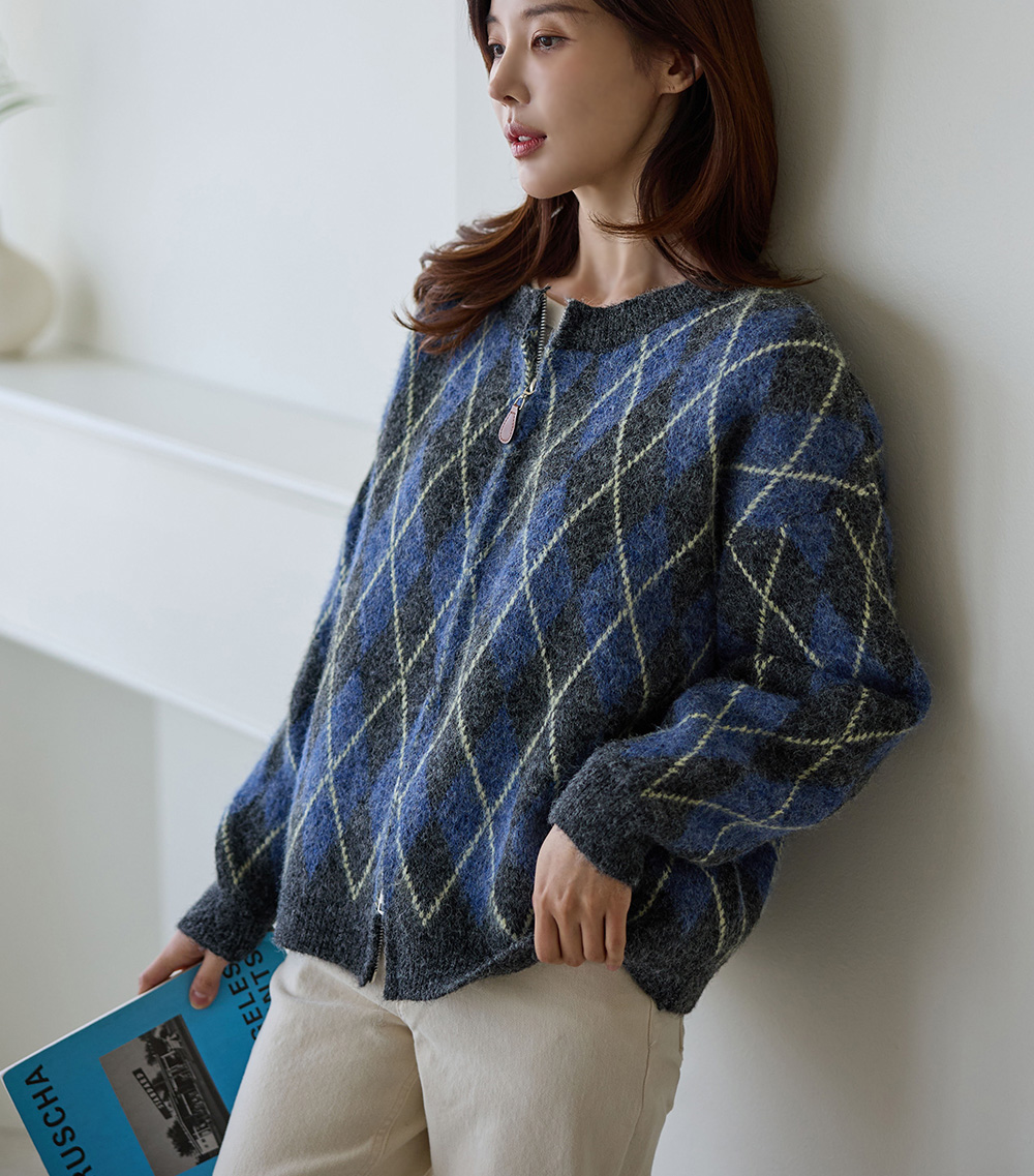 菱格紋雙拉鍊針織外套,KOREA,348370,菱格紋雙拉鍊針織外套,領500,999免運