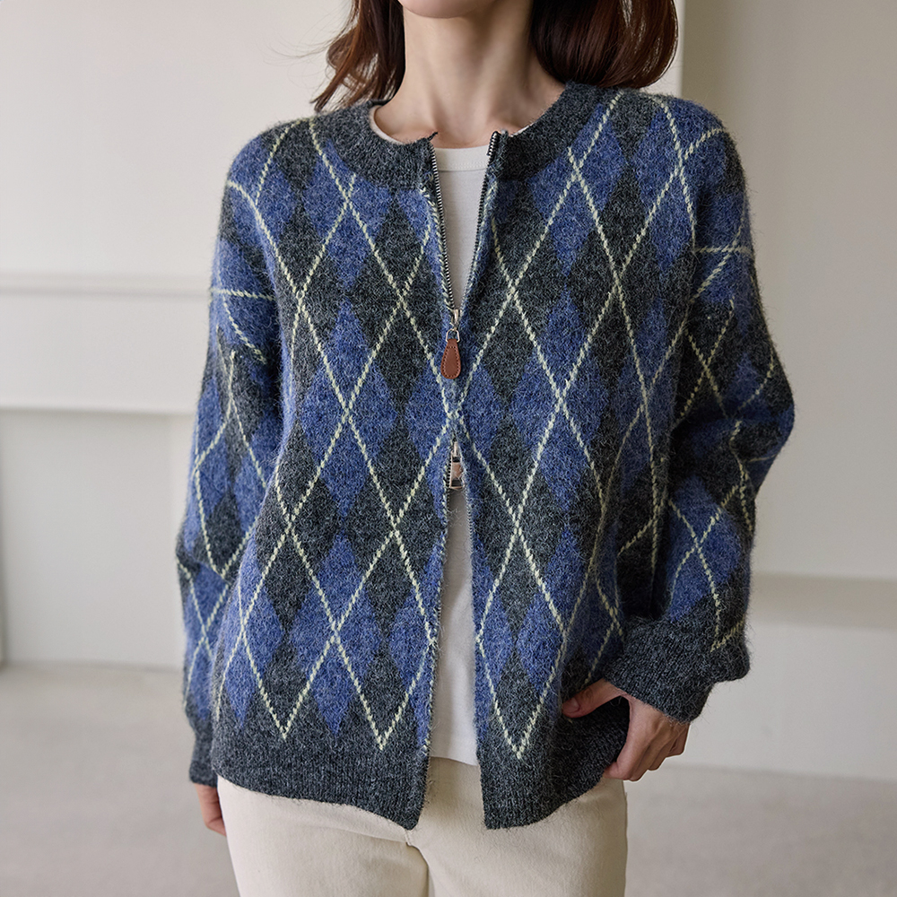 菱格紋雙拉鍊針織外套