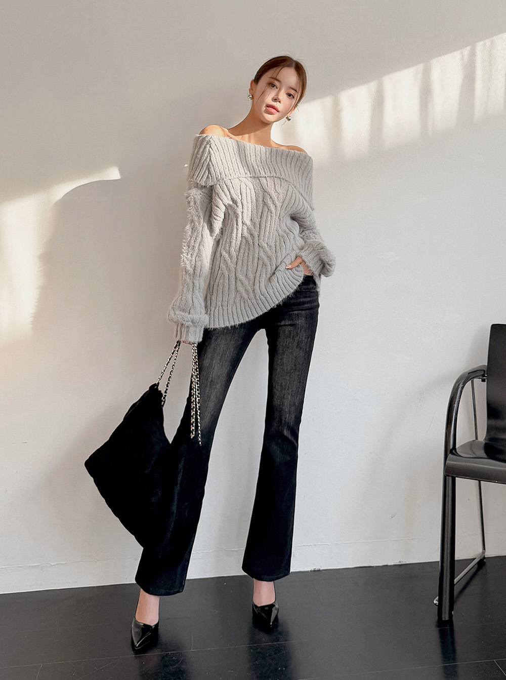 一字領麻花針織上衣,KOREA,348428,一字領麻花針織上衣,領500,999免運