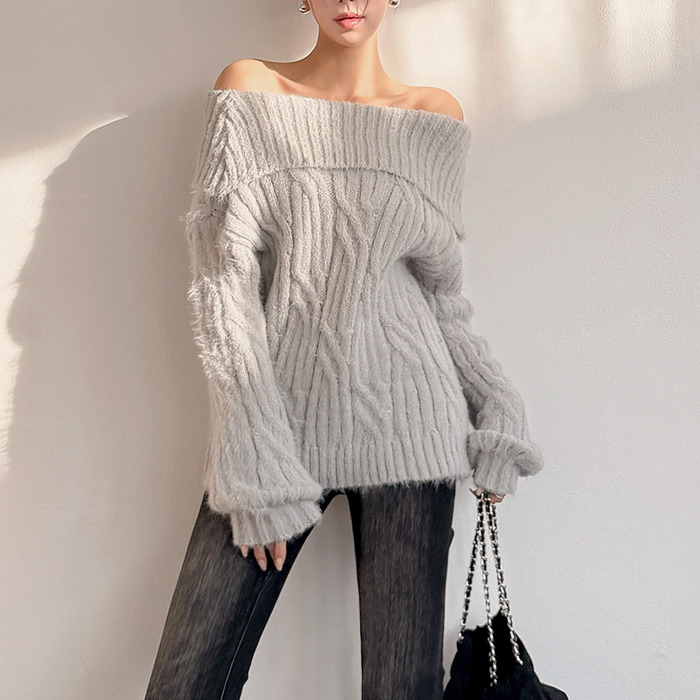 一字領麻花針織上衣