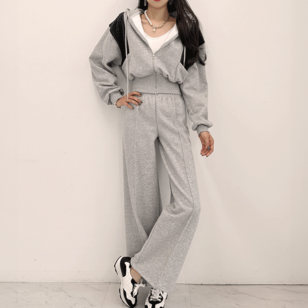 撞色連帽外套長褲套裝