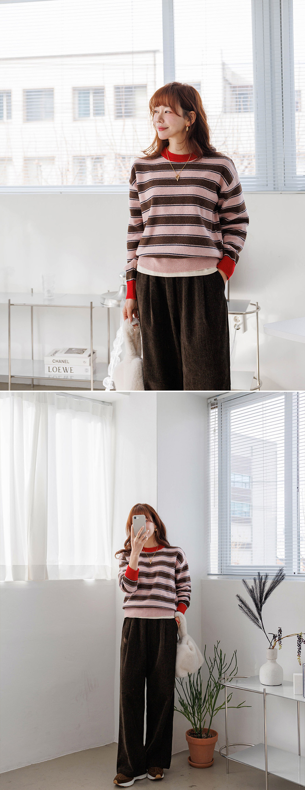 羊毛混紡條紋針織上衣,KOREA,350007,羊毛混紡條紋針織上衣,領500,999免運