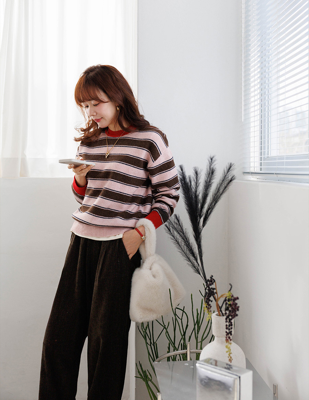 羊毛混紡條紋針織上衣,KOREA,350007,羊毛混紡條紋針織上衣,領500,999免運