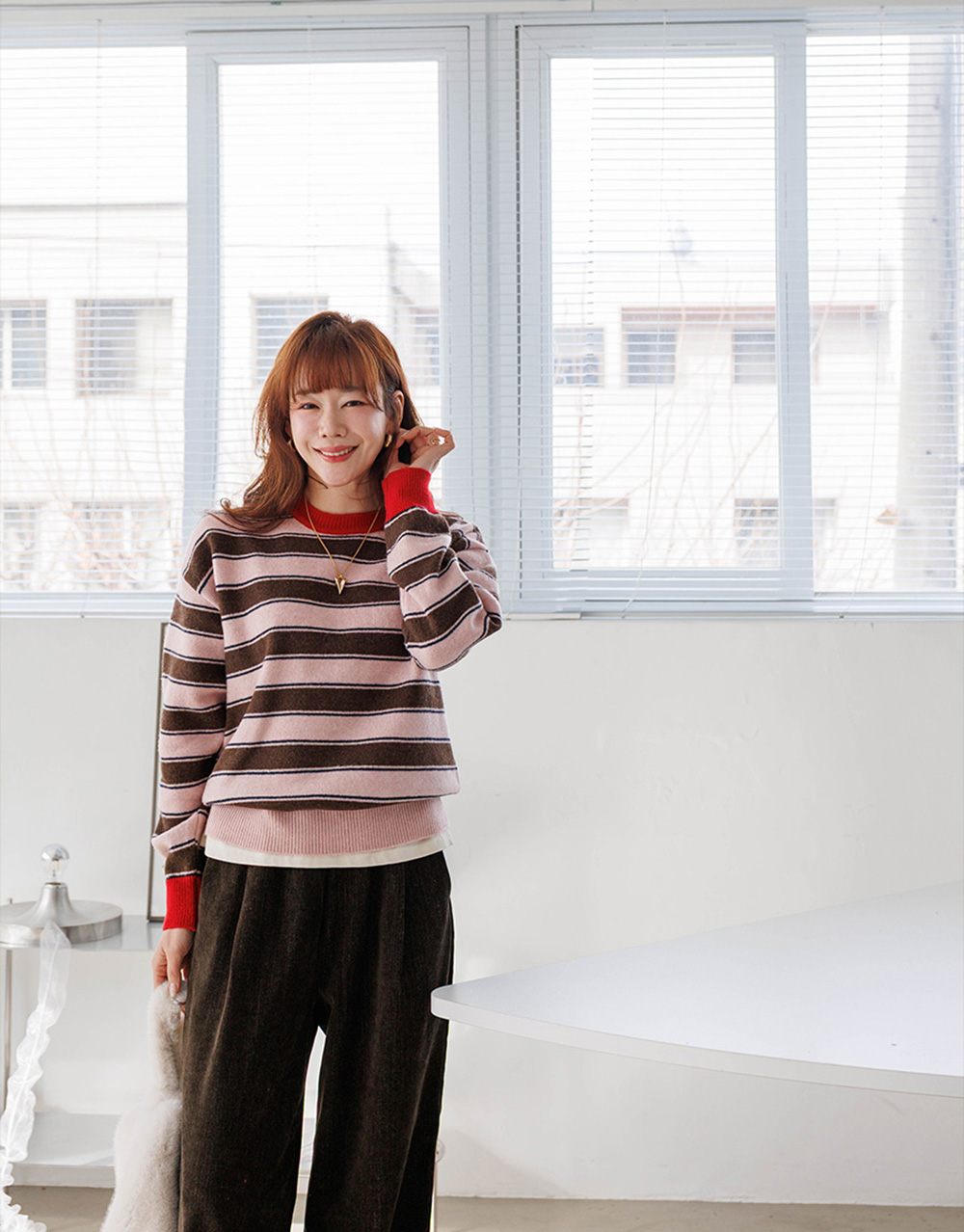 羊毛混紡條紋針織上衣,KOREA,350007,羊毛混紡條紋針織上衣,領500,999免運