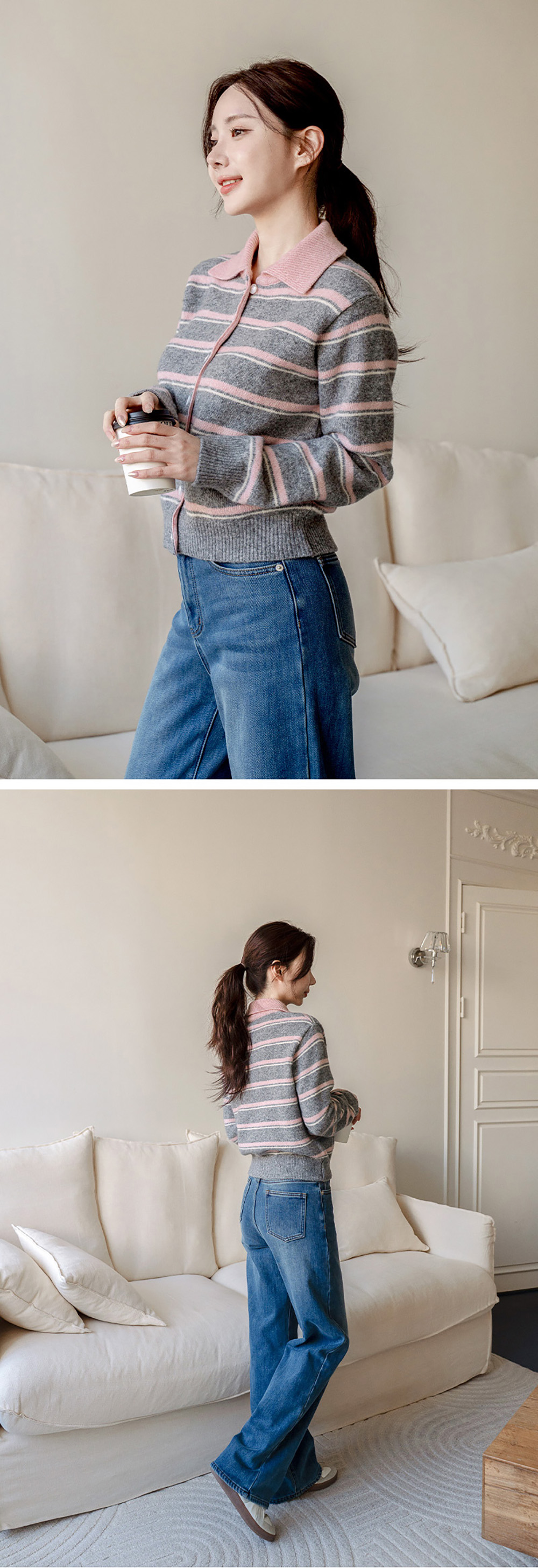 撞色條紋翻領針織外套,KOREA,350076,撞色條紋翻領針織外套,領500,999免運