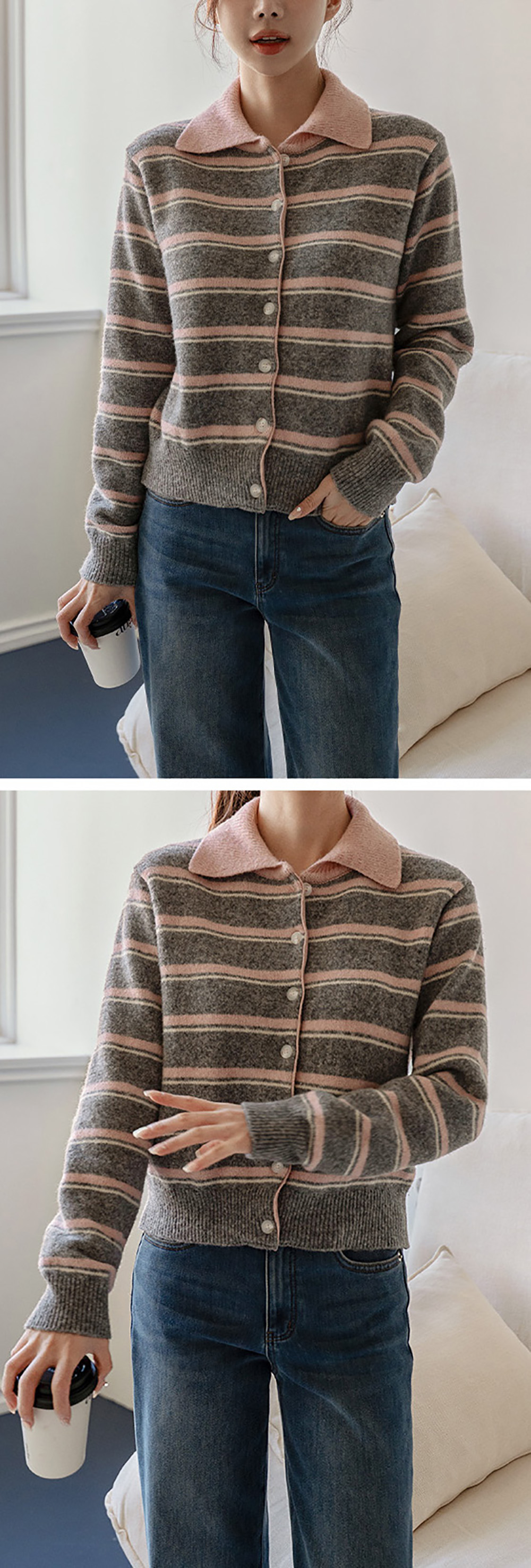 撞色條紋翻領針織外套,KOREA,350076,撞色條紋翻領針織外套,領500,999免運