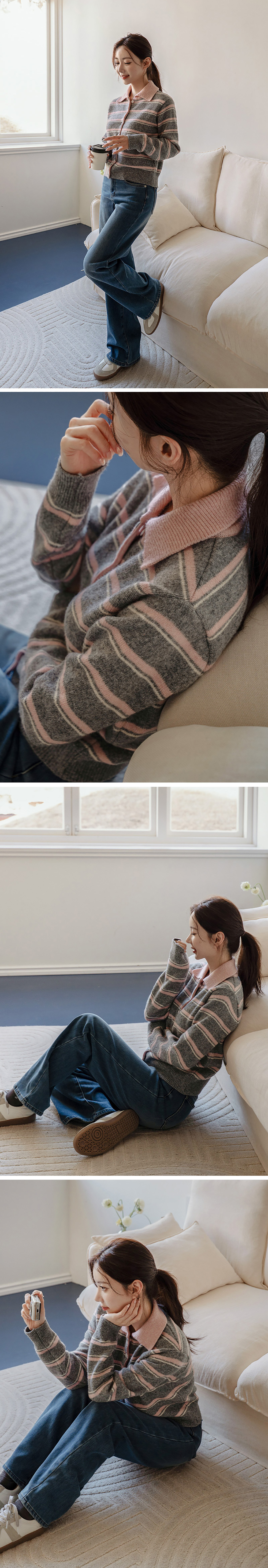 撞色條紋翻領針織外套,KOREA,350076,撞色條紋翻領針織外套,領500,999免運