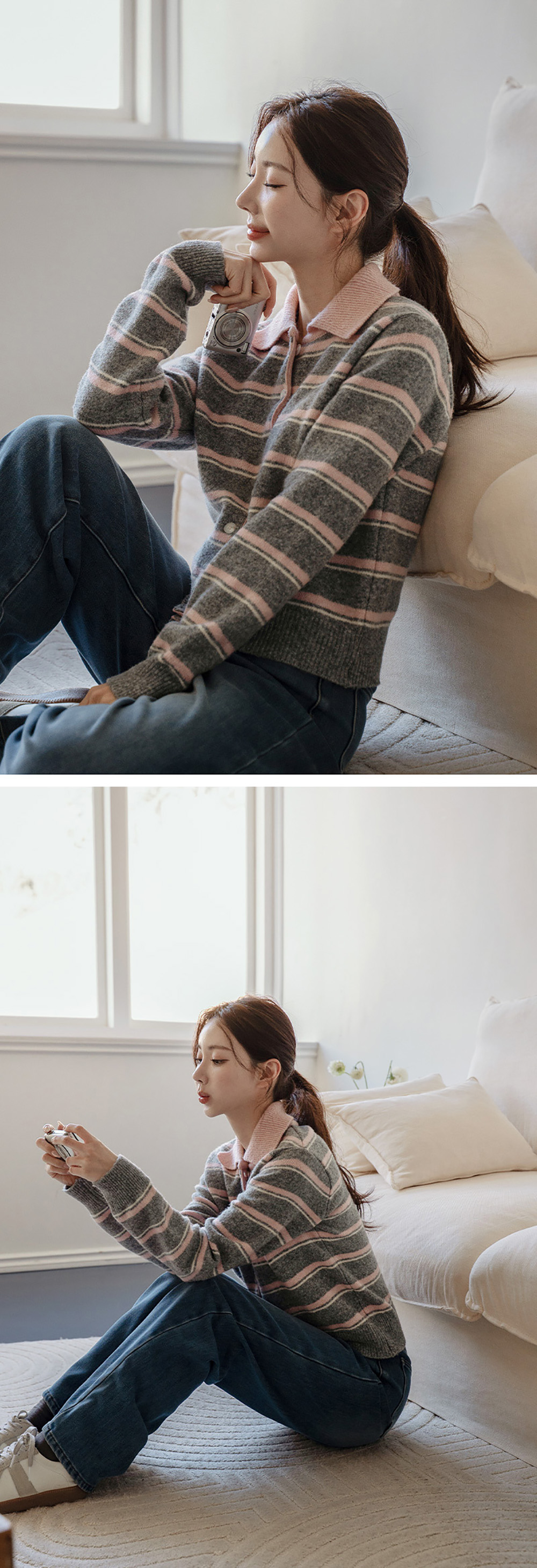 撞色條紋翻領針織外套,KOREA,350076,撞色條紋翻領針織外套,領500,999免運