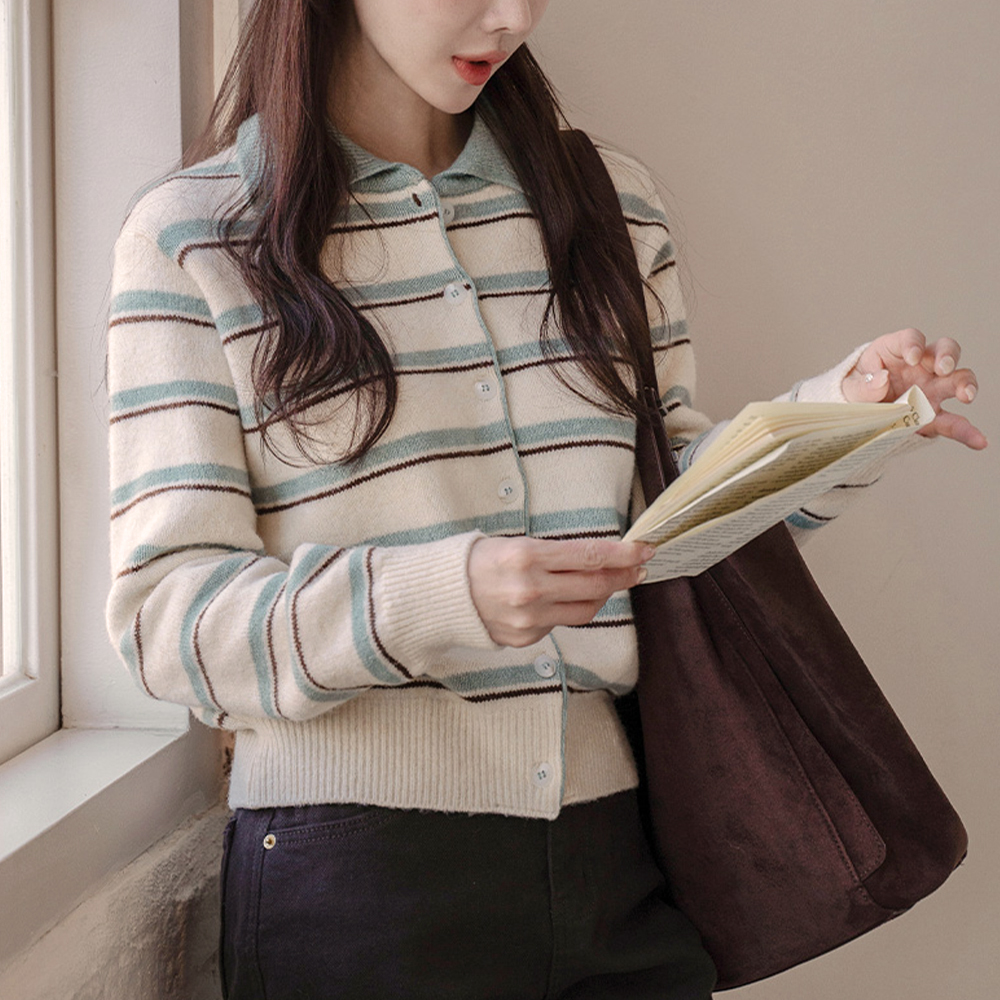 撞色條紋翻領針織外套