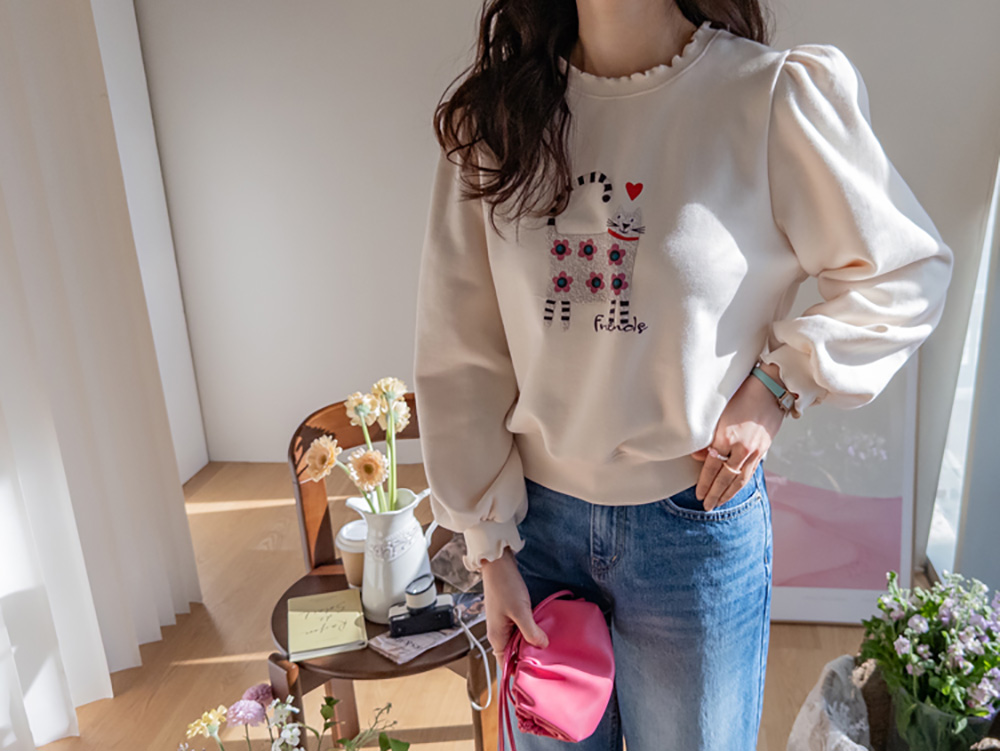 貓咪印花內刷毛上衣,KOREA,350388,貓咪印花內刷毛上衣,領500,999免運