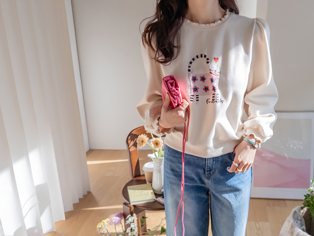 貓咪印花內刷毛上衣,KOREA,350388,貓咪印花內刷毛上衣,領500,999免運