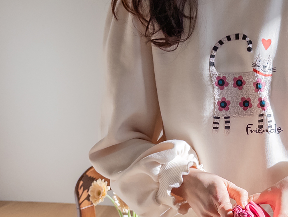 貓咪印花內刷毛上衣,KOREA,350388,貓咪印花內刷毛上衣,領500,999免運