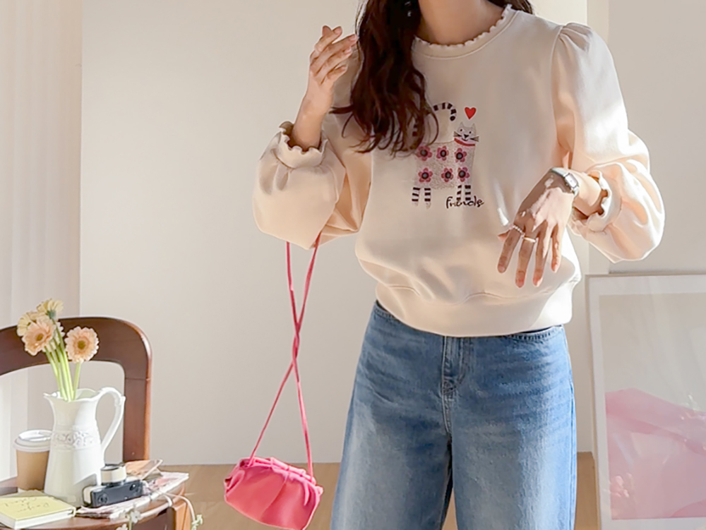 貓咪印花內刷毛上衣,KOREA,350388,貓咪印花內刷毛上衣,領500,999免運