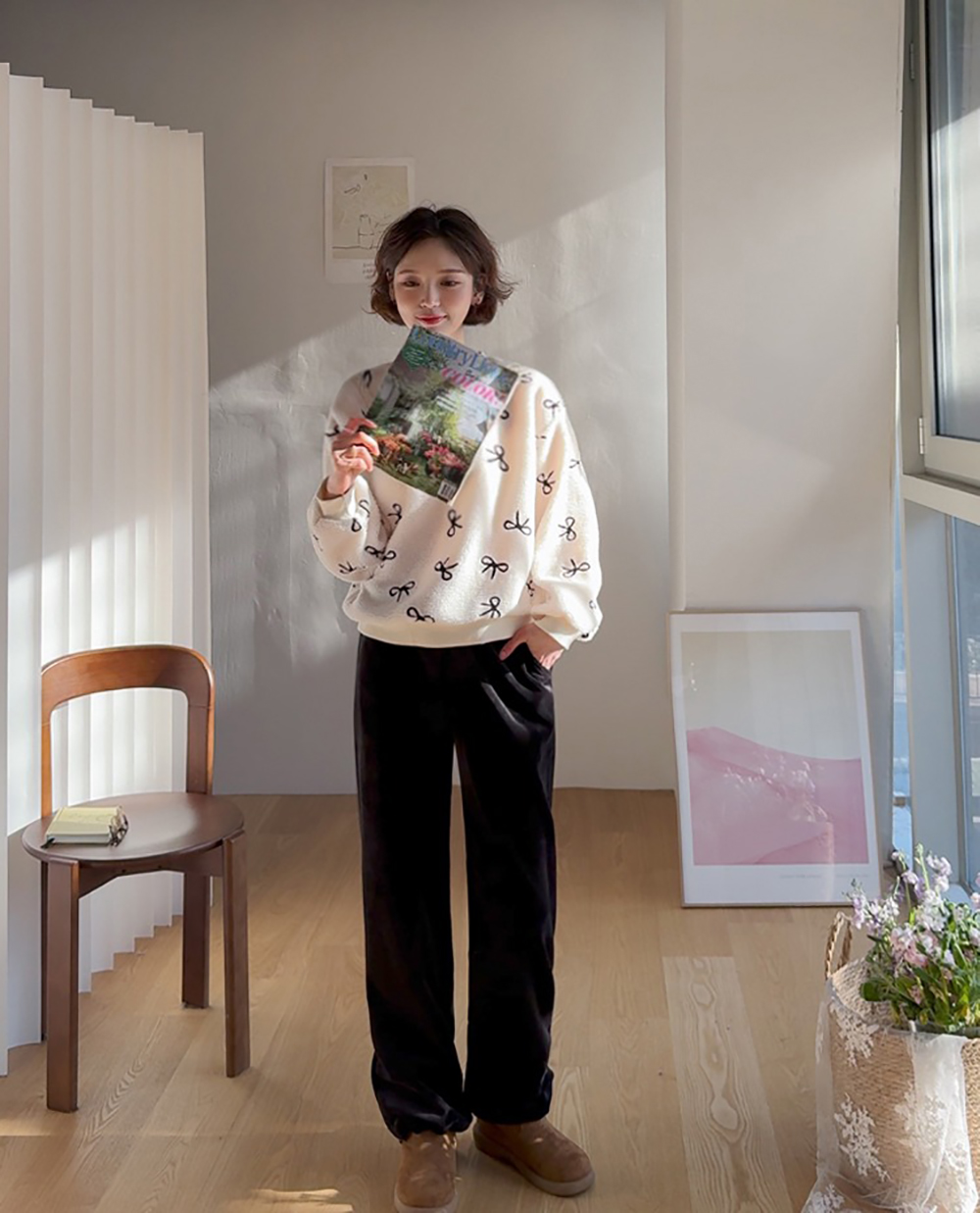 柔軟絨面蝴蝶結上衣,KOREA,349982,柔軟絨面蝴蝶結上衣,領500,999免運