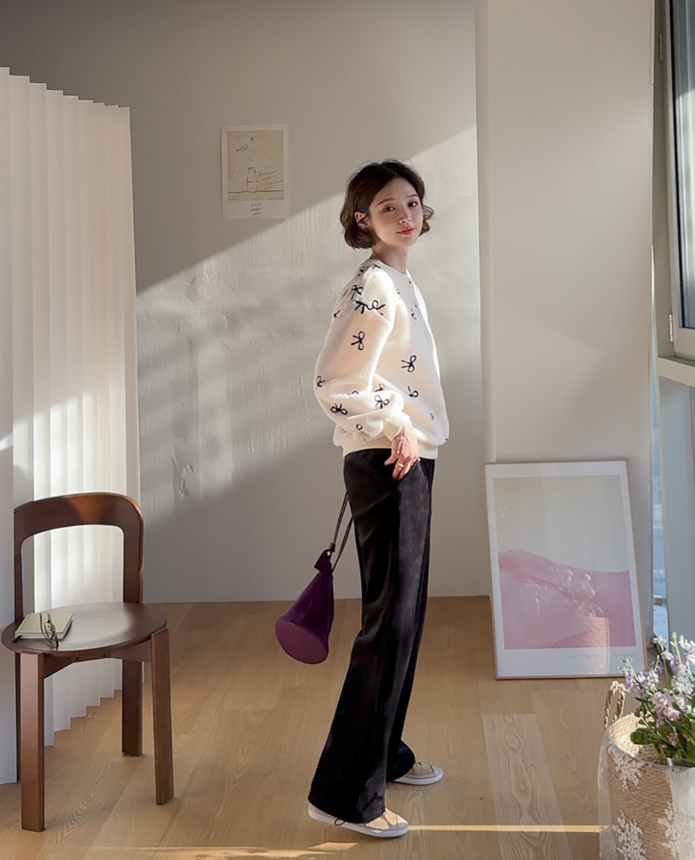 柔軟絨面蝴蝶結上衣,KOREA,349982,柔軟絨面蝴蝶結上衣,領500,999免運