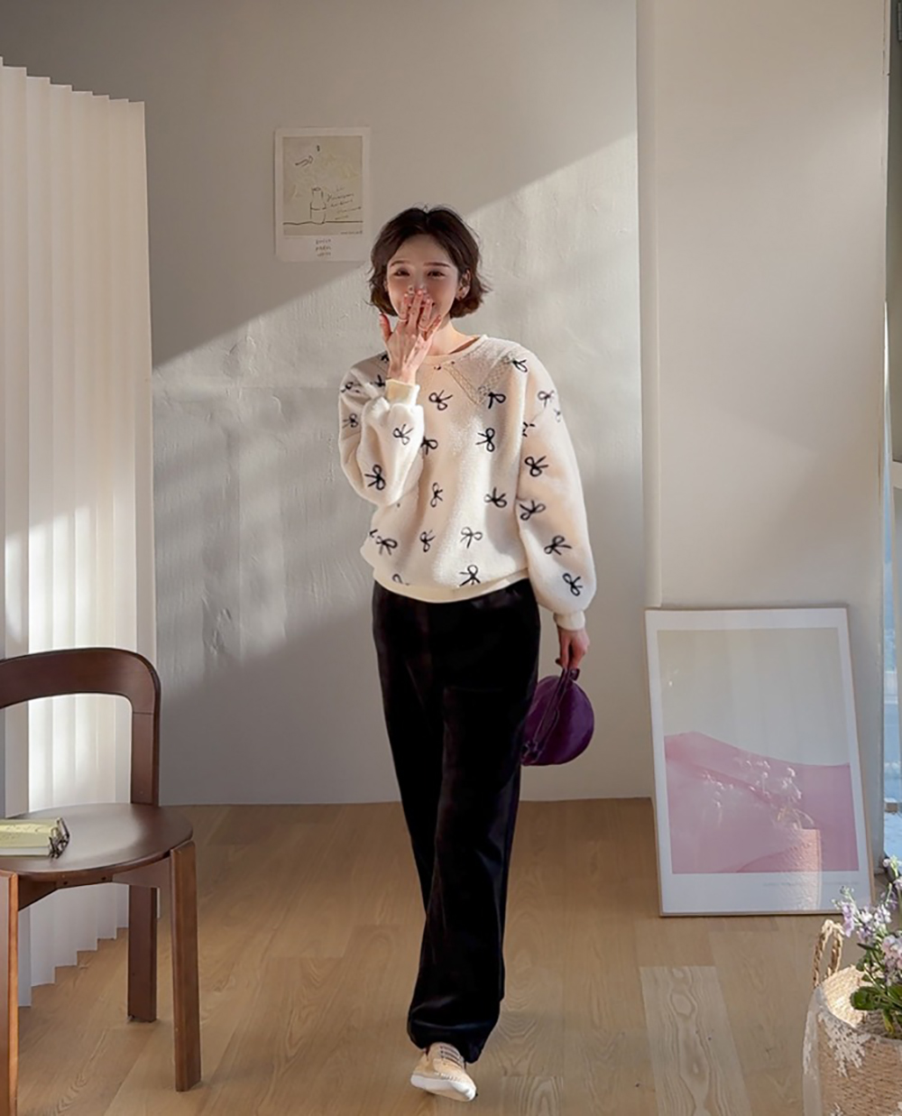 柔軟絨面蝴蝶結上衣,KOREA,349982,柔軟絨面蝴蝶結上衣,領500,999免運