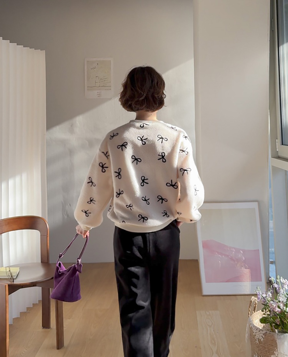 柔軟絨面蝴蝶結上衣,KOREA,349982,柔軟絨面蝴蝶結上衣,領500,999免運