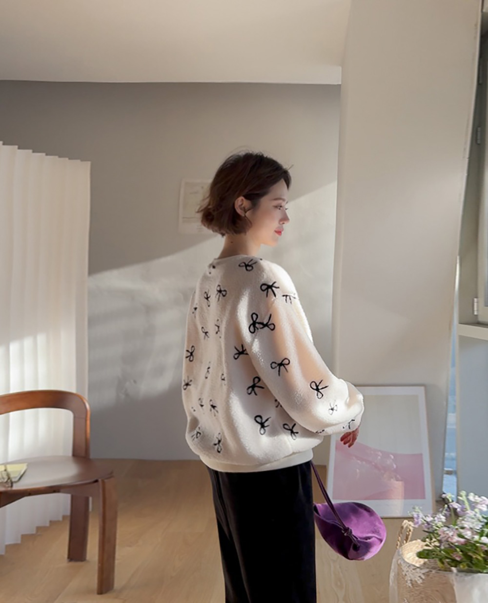 柔軟絨面蝴蝶結上衣,KOREA,349982,柔軟絨面蝴蝶結上衣,領500,999免運