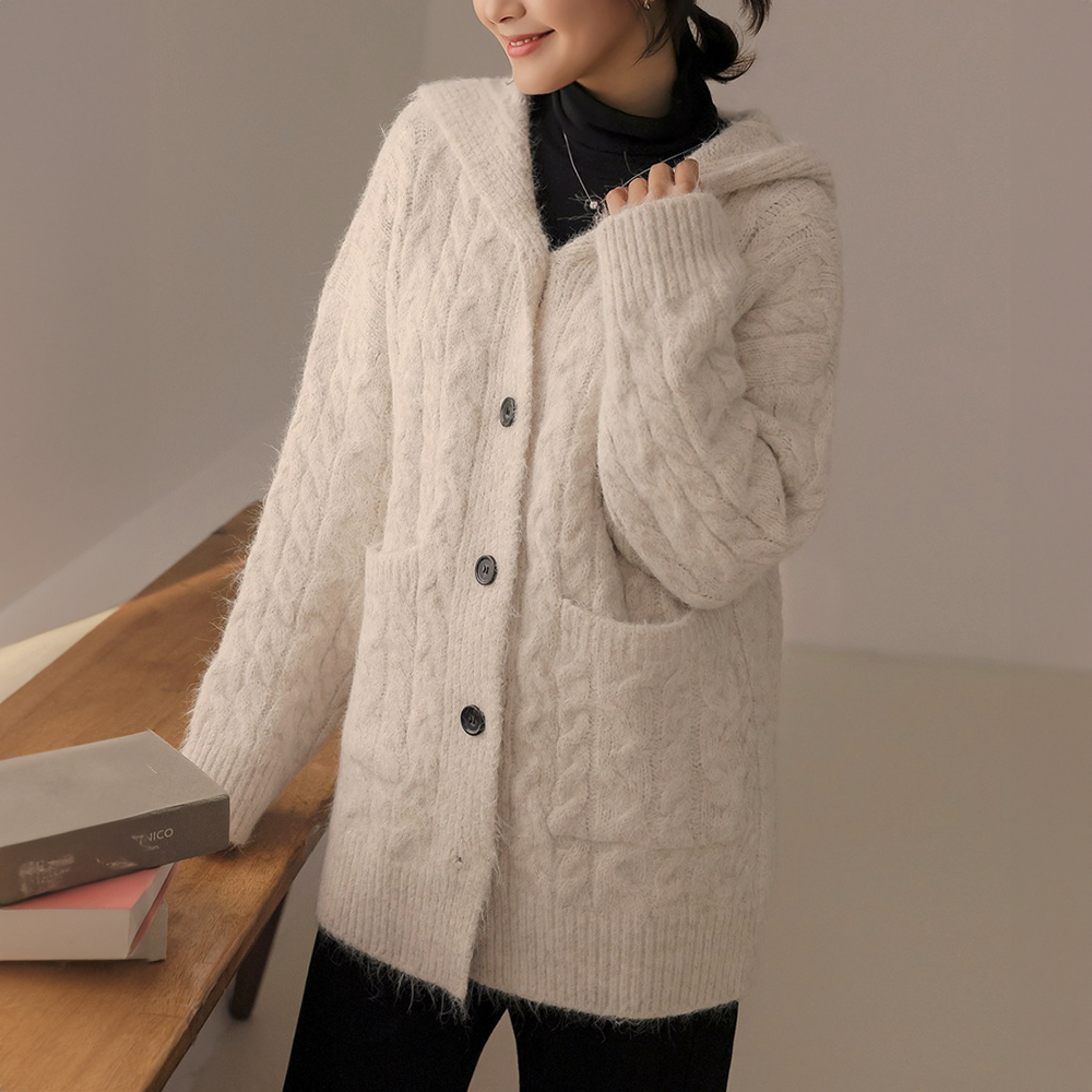 麻花針織連帽毛衣外套