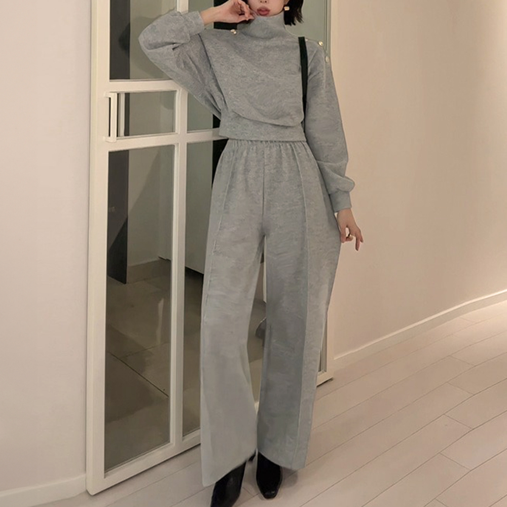 釦飾高領針織長褲套裝