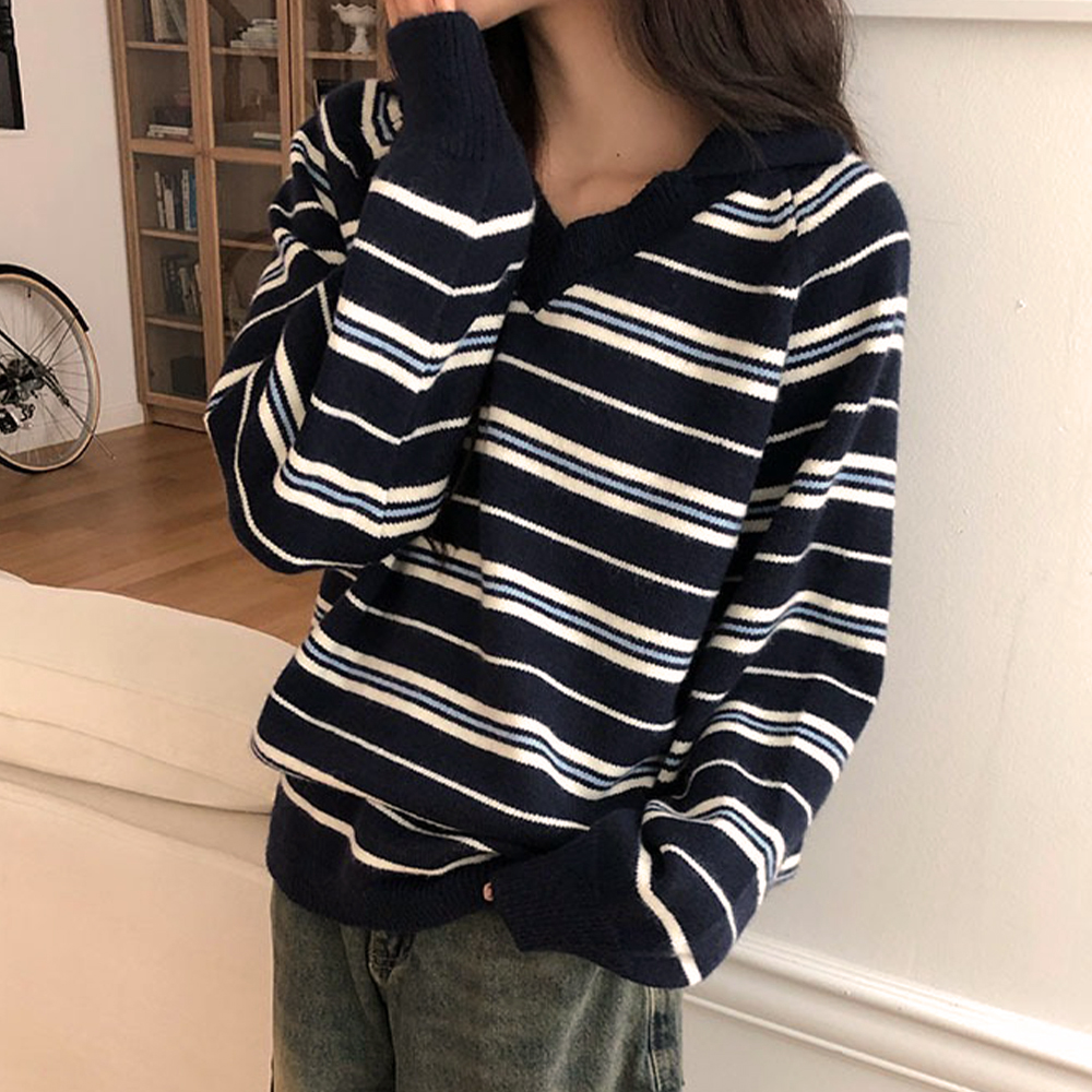 小翻領條紋針織上衣