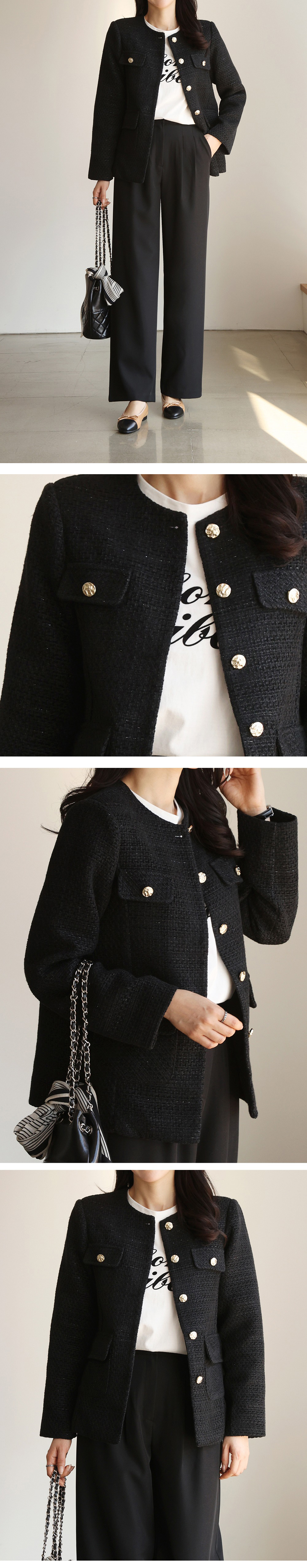 經典黑粗花呢圓領外套,KOREA,354546,經典黑粗花呢圓領外套,領500,999免運