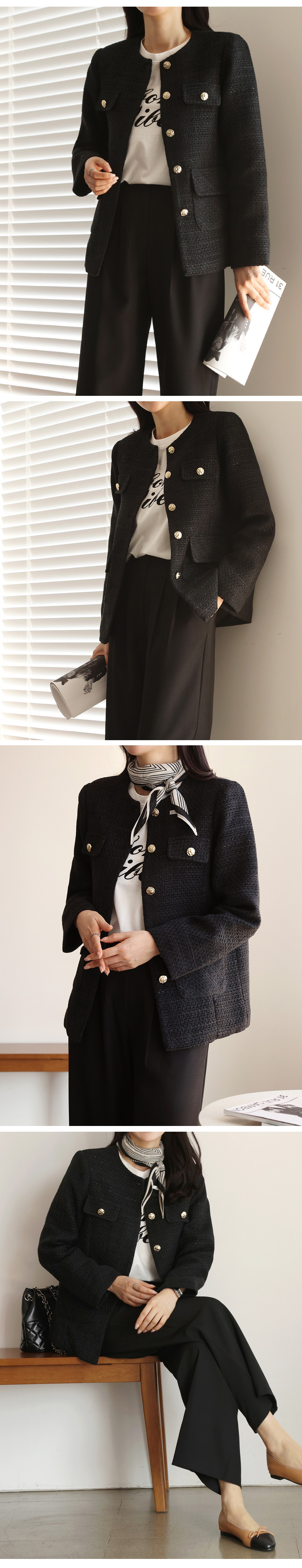 經典黑粗花呢圓領外套,KOREA,354546,經典黑粗花呢圓領外套,領500,999免運