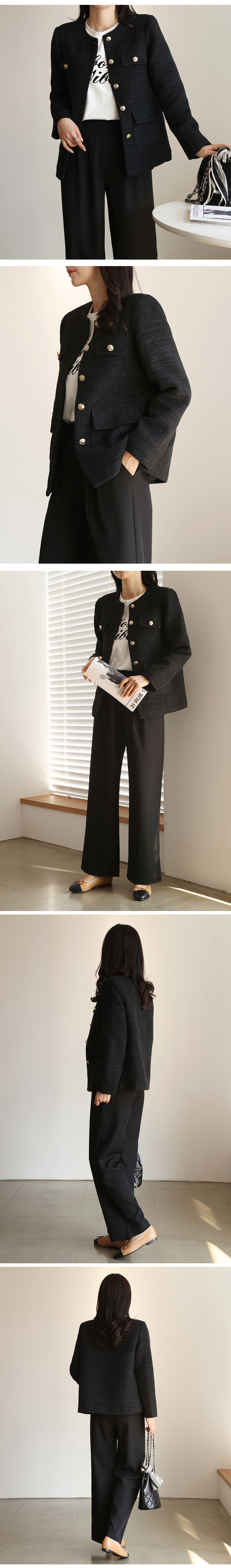 經典黑粗花呢圓領外套,KOREA,354546,經典黑粗花呢圓領外套,領500,999免運