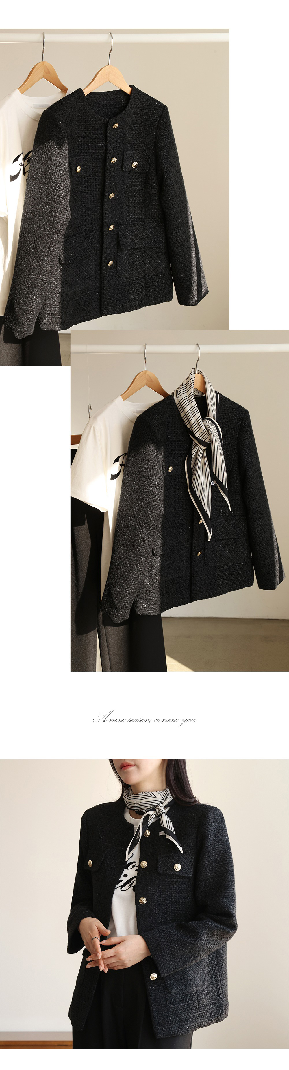 經典黑粗花呢圓領外套,KOREA,354546,經典黑粗花呢圓領外套,領500,999免運