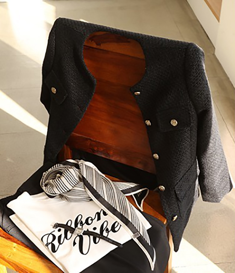 經典黑粗花呢圓領外套,KOREA,354546,經典黑粗花呢圓領外套,領500,999免運