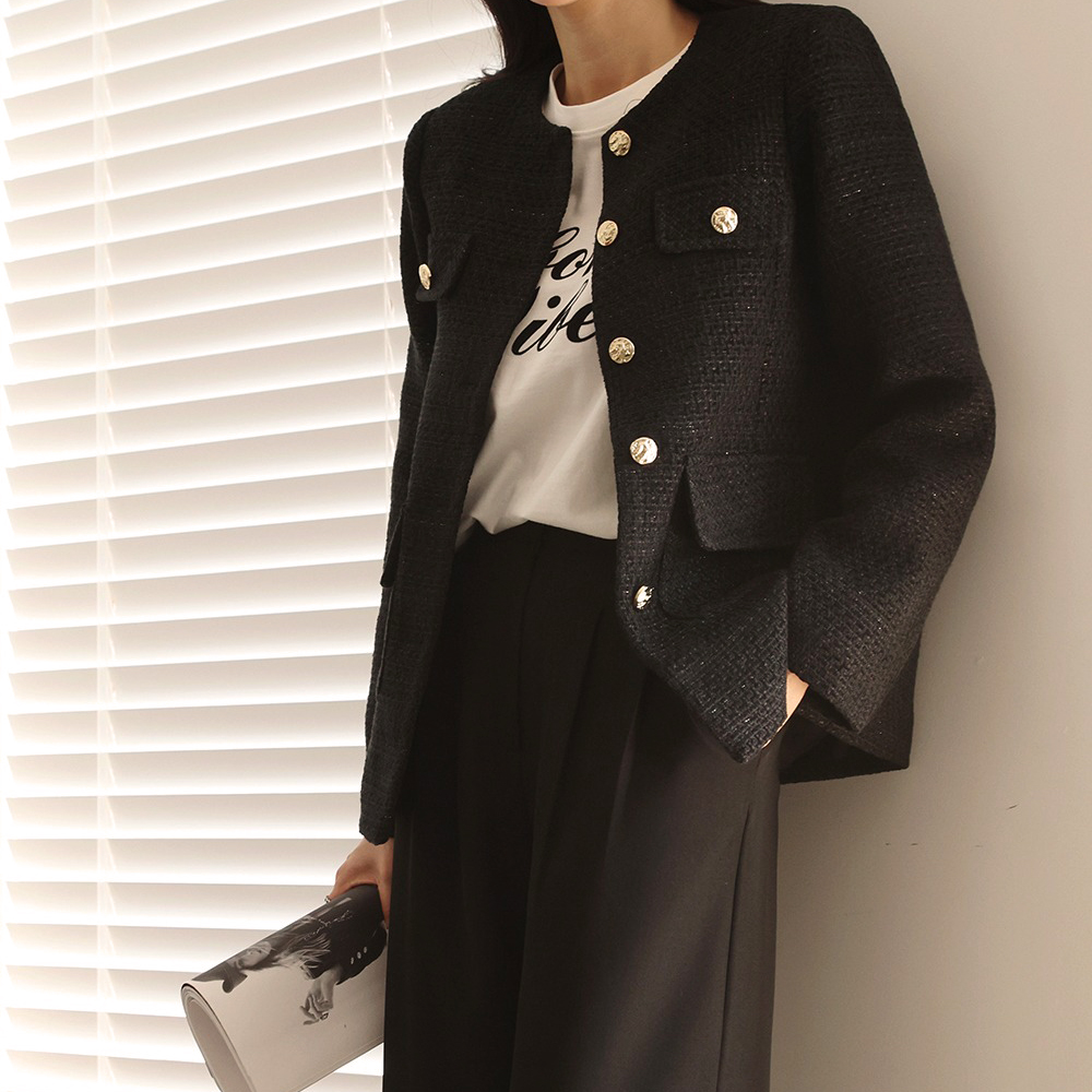 經典黑粗花呢圓領外套