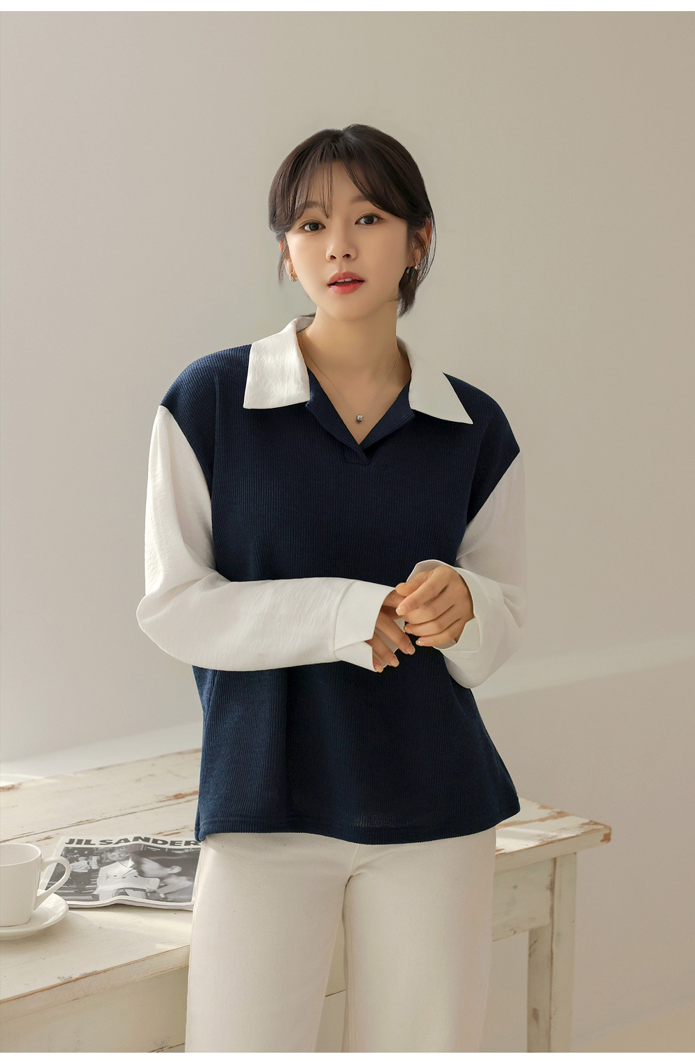 假兩件針織拼接上衣,KOREA,354663,假兩件針織拼接上衣,領500,999免運