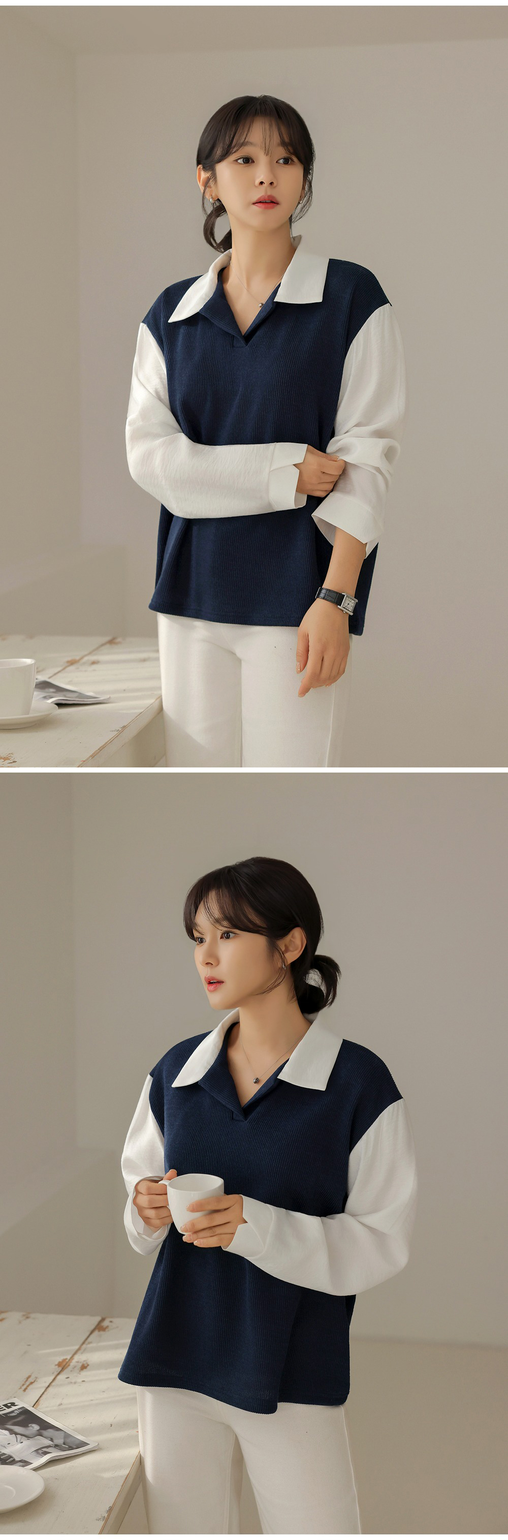 假兩件針織拼接上衣,KOREA,354663,假兩件針織拼接上衣,領500,999免運