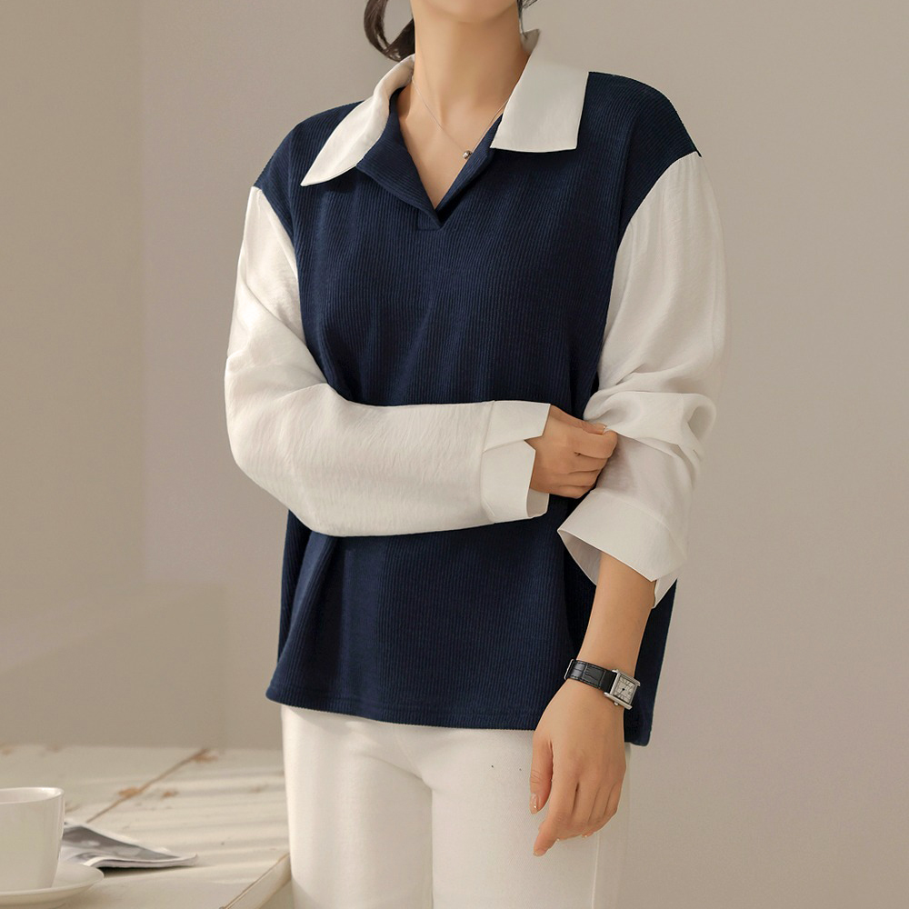 假兩件針織拼接上衣