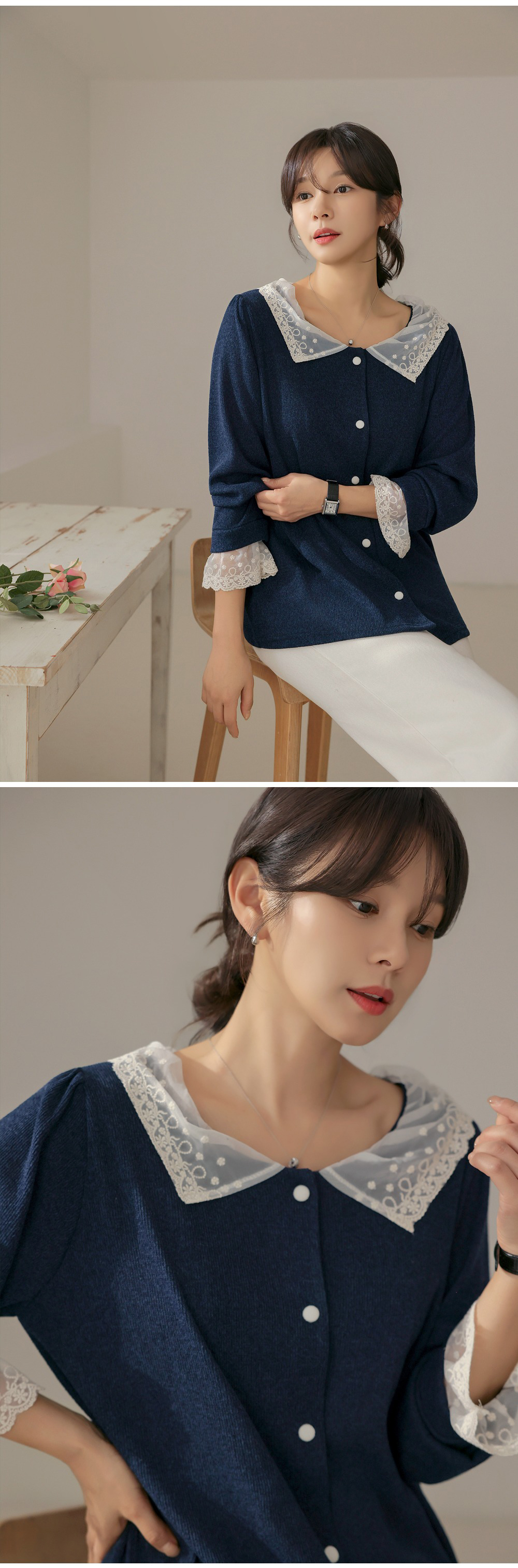 精緻蕾絲拼接針織上衣,KOREA,354667,精緻蕾絲拼接針織上衣,領500,999免運