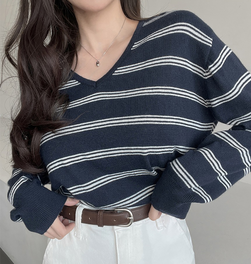 V領條紋針織上衣,KOREA,354837,V領條紋針織上衣,領500,999免運