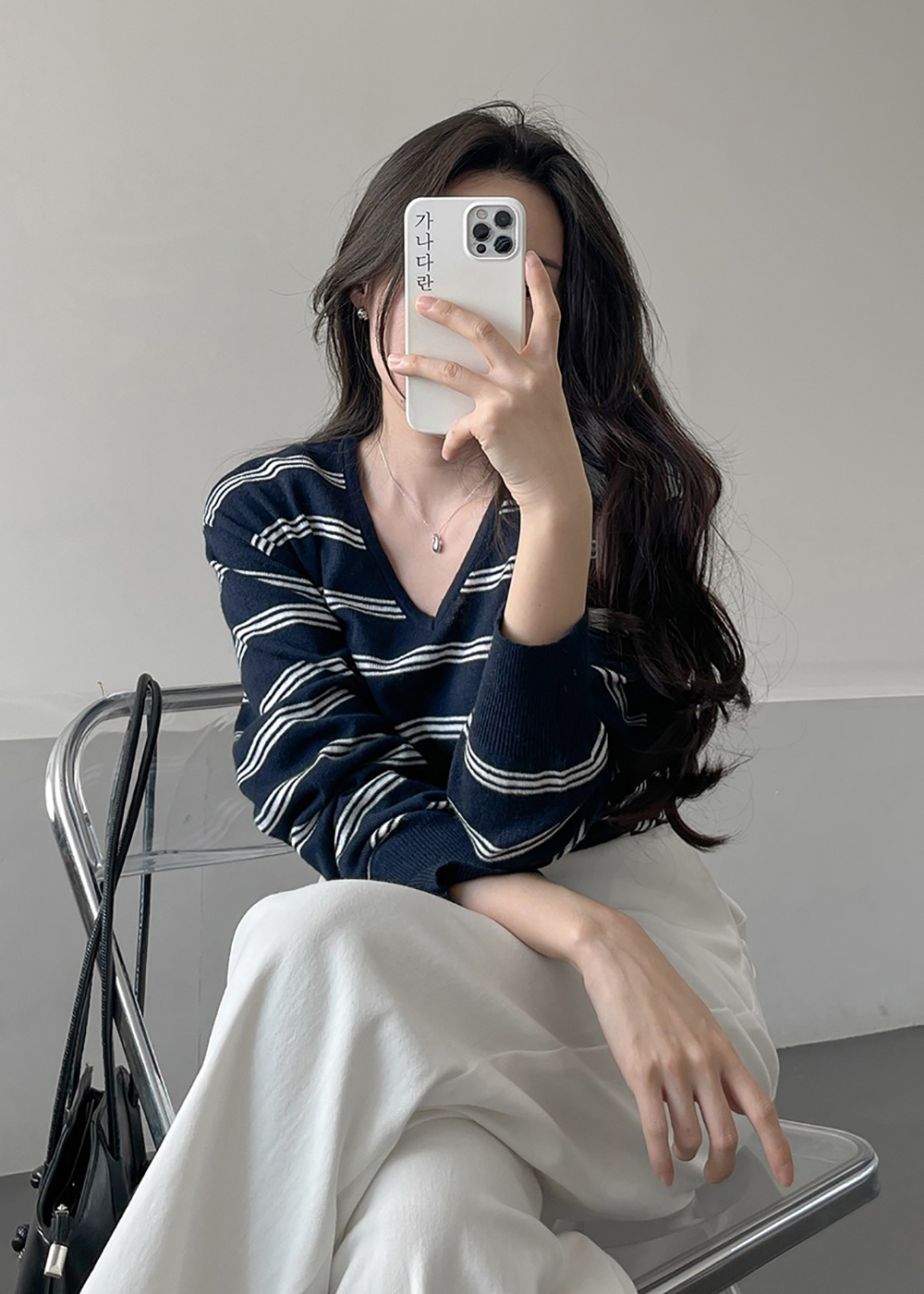 V領條紋針織上衣,KOREA,354837,V領條紋針織上衣,領500,999免運