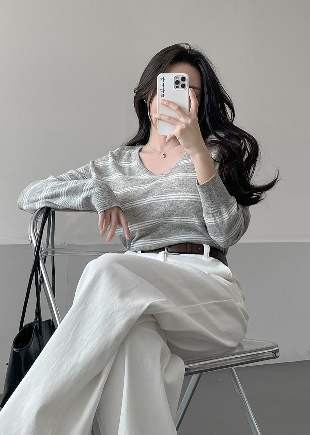 V領條紋針織上衣,KOREA,354837,V領條紋針織上衣,領500,999免運