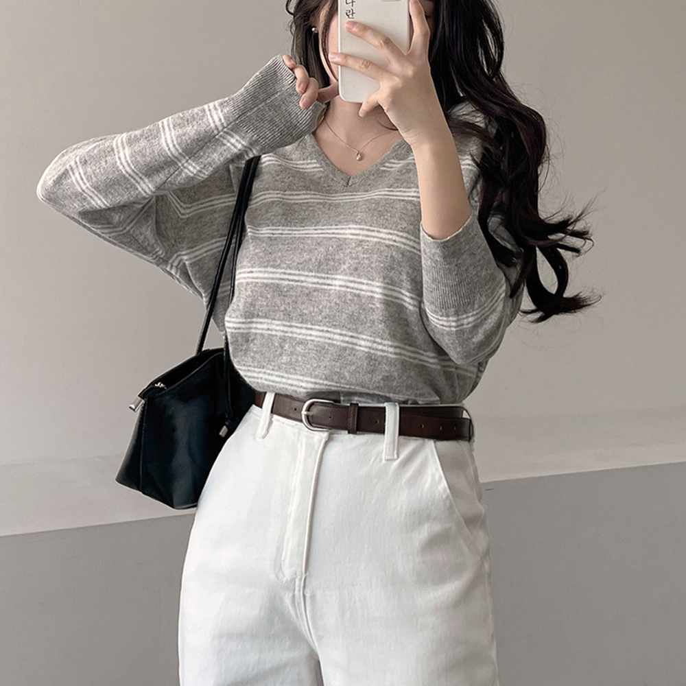 V領條紋針織上衣