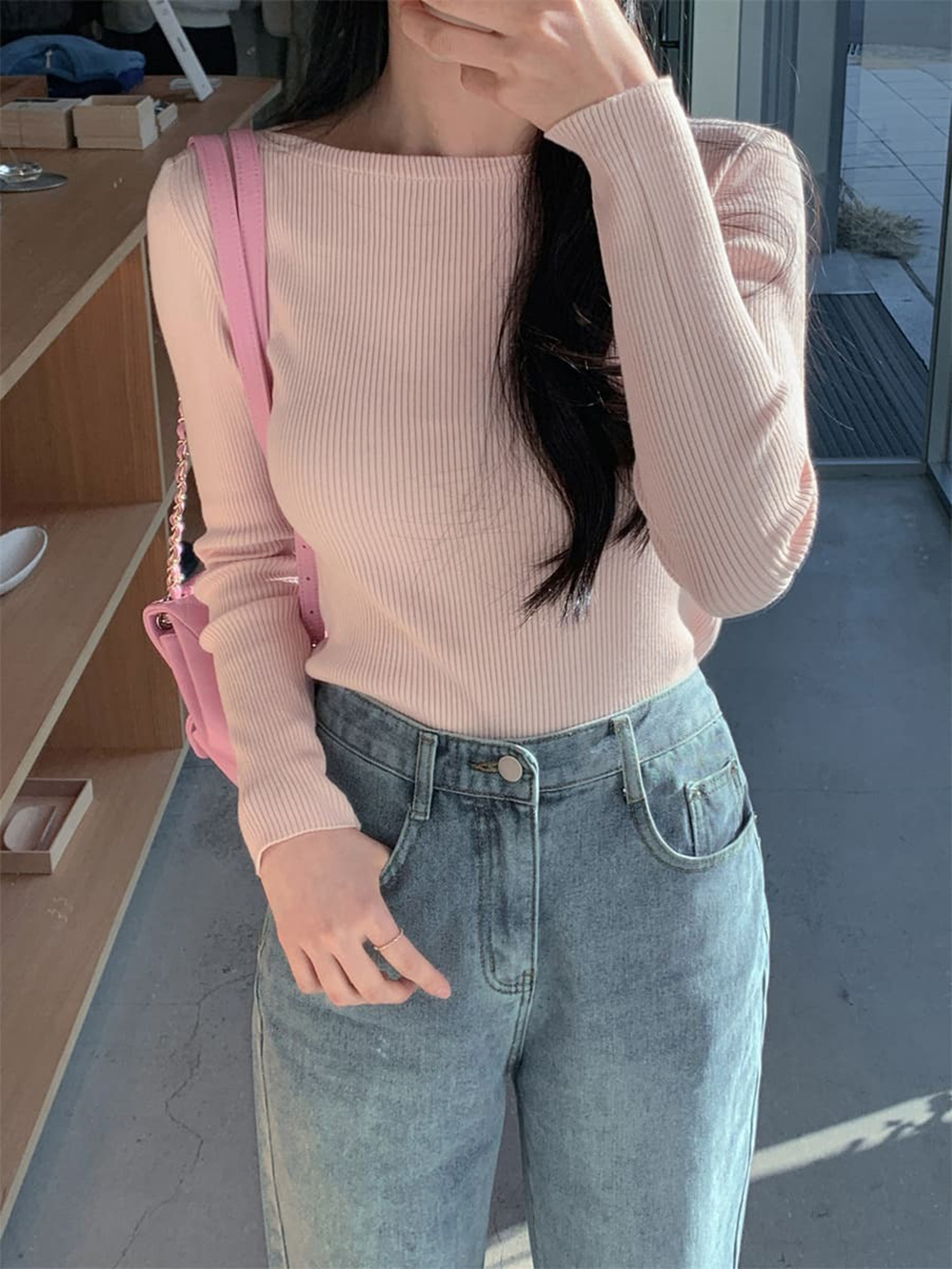 修身羅紋船領針織上衣,KOREA,354872,修身羅紋船領針織上衣,領500,999免運