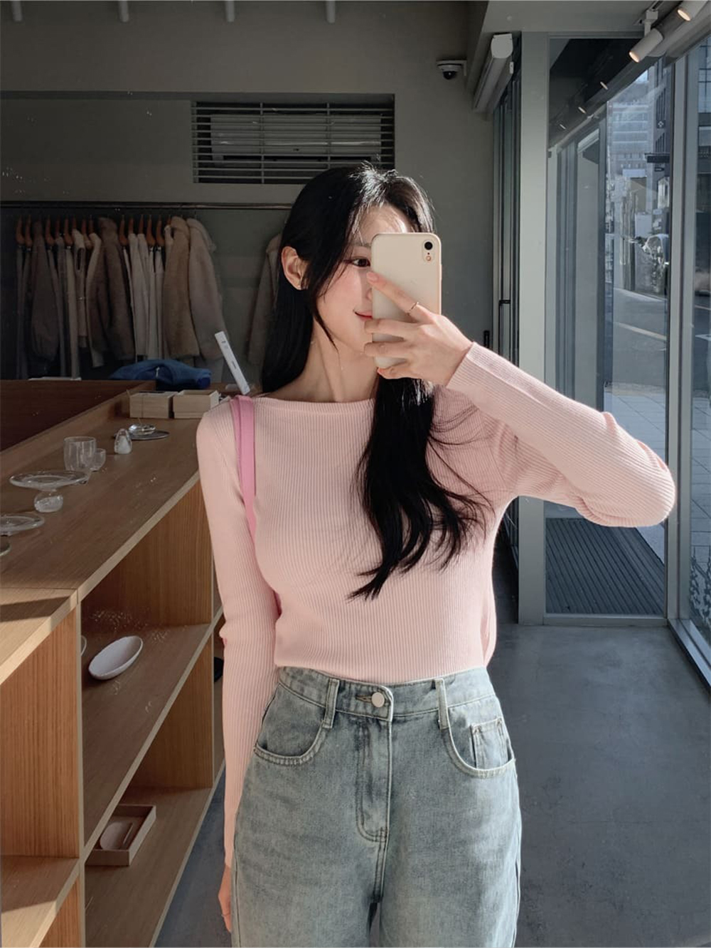 修身羅紋船領針織上衣,KOREA,354872,修身羅紋船領針織上衣,領500,999免運