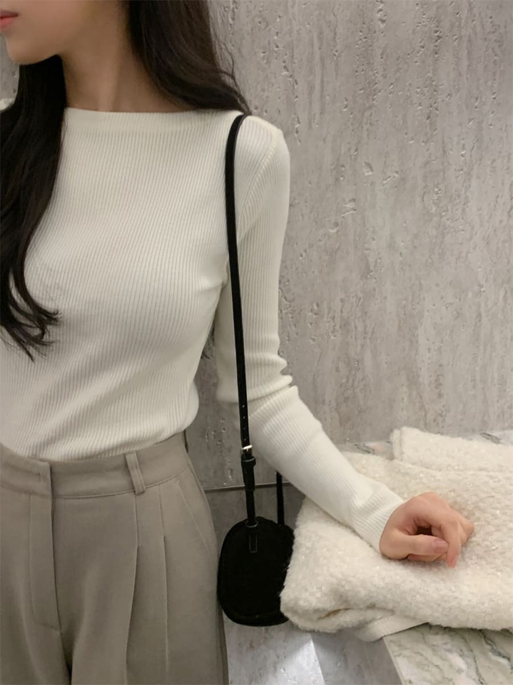 修身羅紋船領針織上衣,KOREA,354872,修身羅紋船領針織上衣,領500,999免運