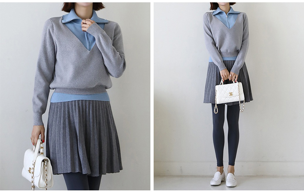 假兩件翻領針織上衣,KOREA,353903,假兩件翻領針織上衣,周新品優惠,NEWARRIVAL