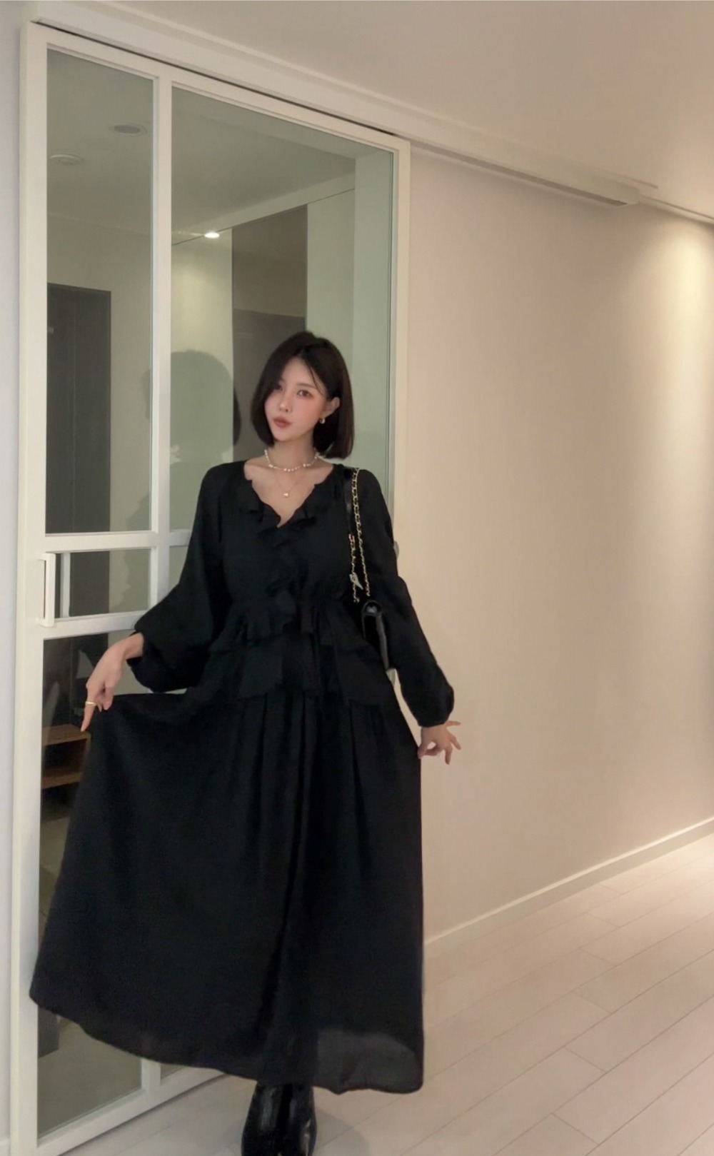 荷葉邊雪紡V領長洋裝,KOREA,353945,荷葉邊雪紡V領長洋裝,周新品優惠,NEWARRIVAL