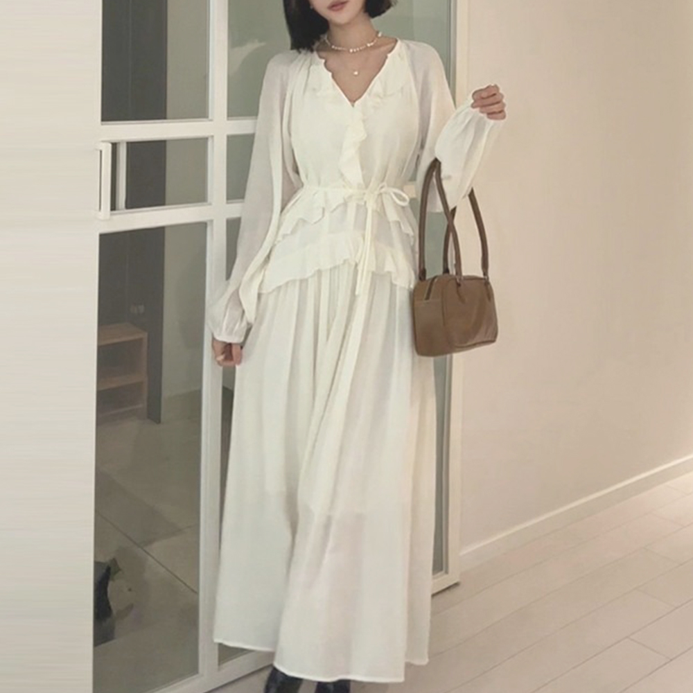 荷葉邊雪紡V領長洋裝