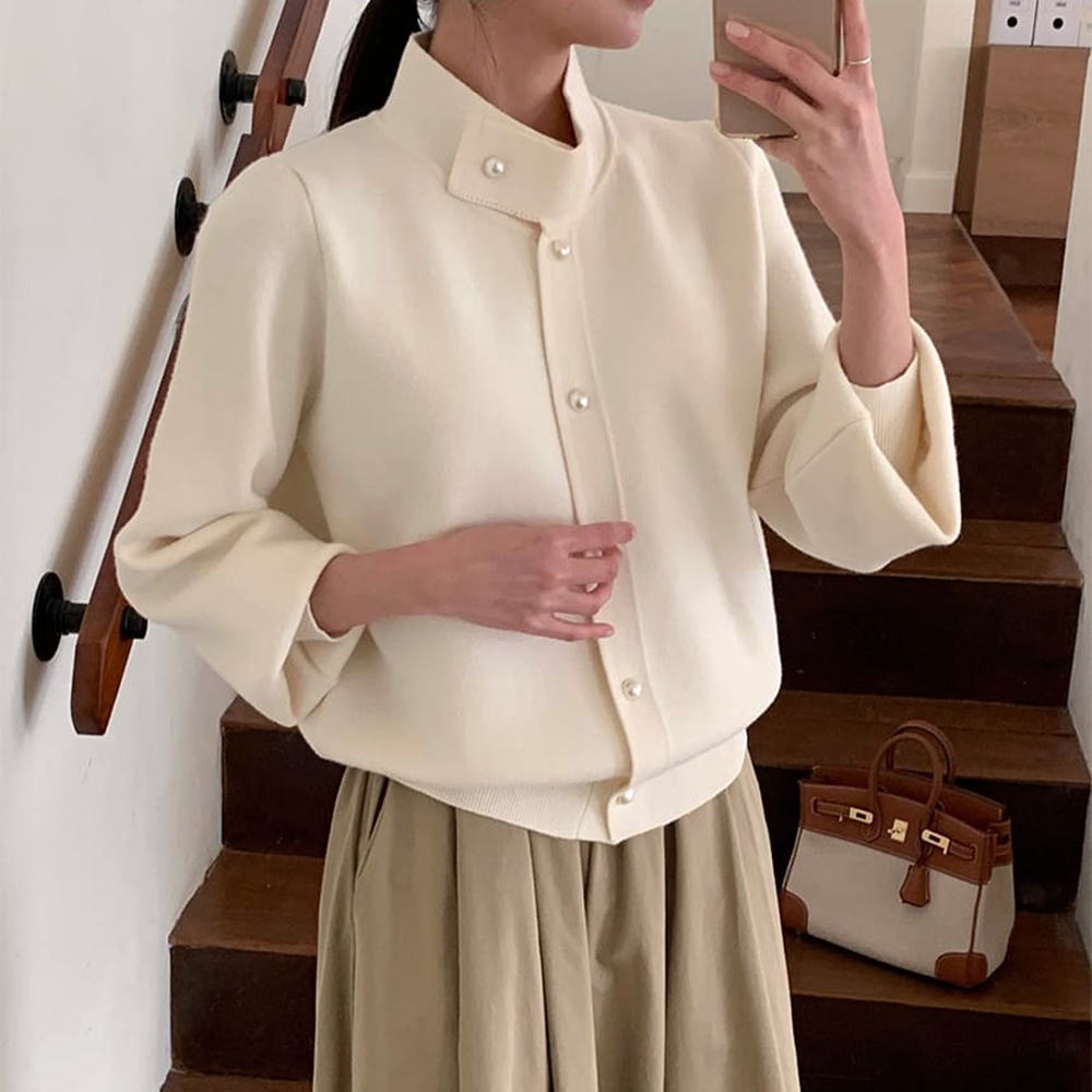 珍珠釦立領針織外套