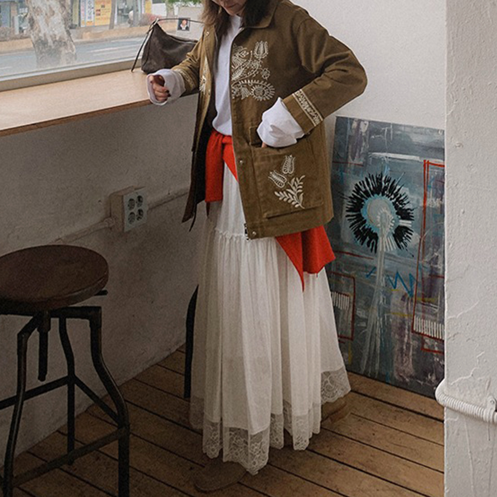 復古蕾絲拼接蛋糕長裙