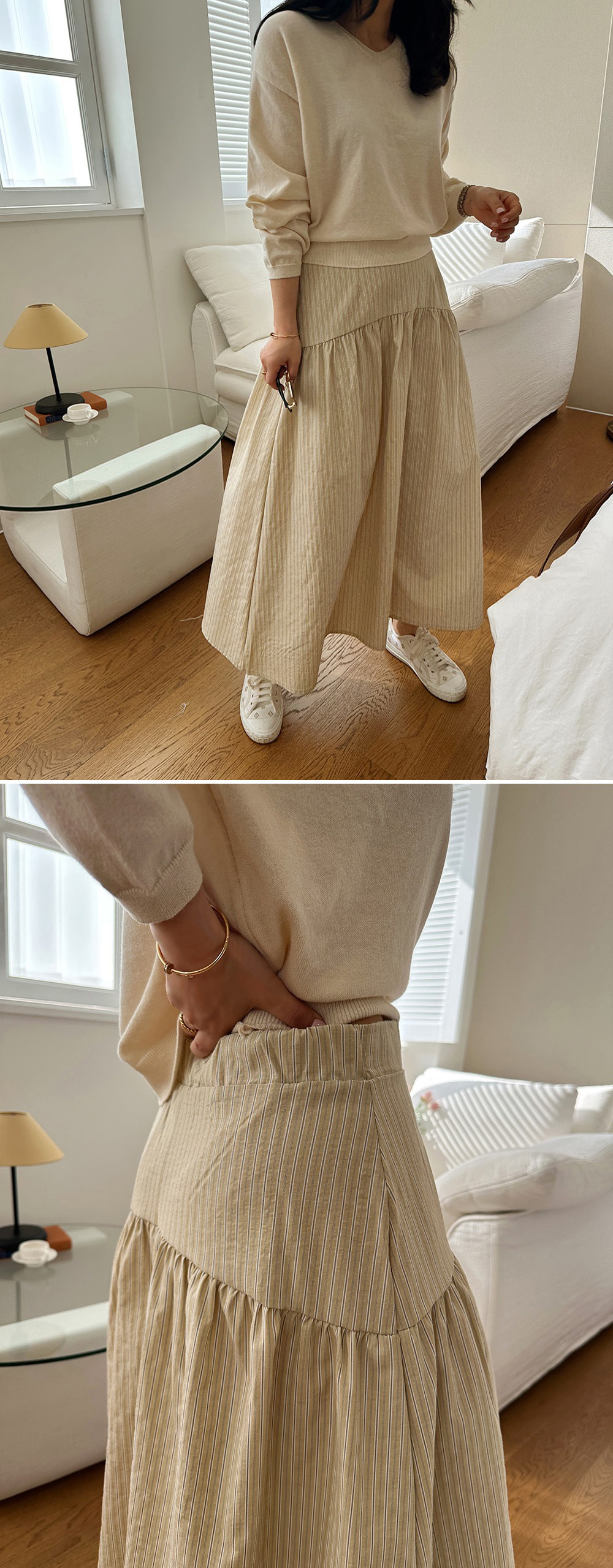 後鬆緊腰條紋A字長裙,KOREA,355925,後鬆緊腰條紋A字長裙,周新品優惠,NEWARRIVAL